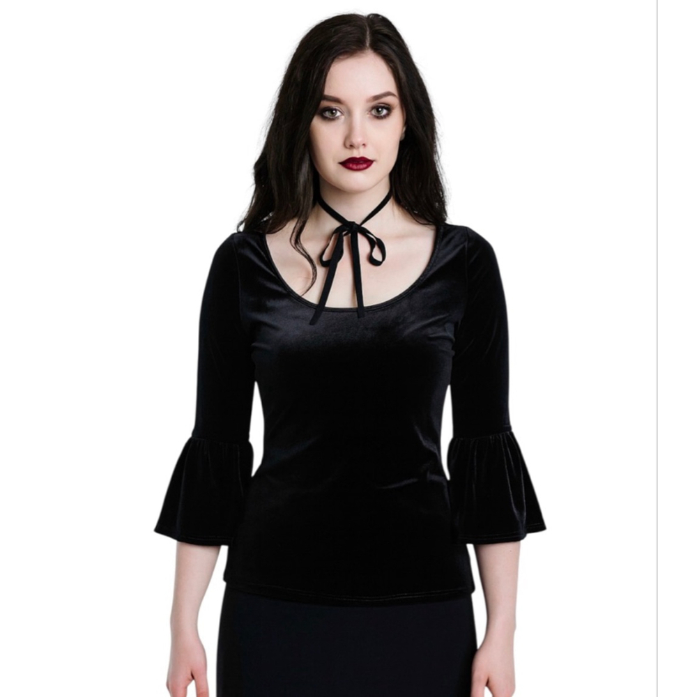 LYSSE M Black Velvet Top Bell Ruffle Sleeve Whimsigoth Gothic Romantic Size M